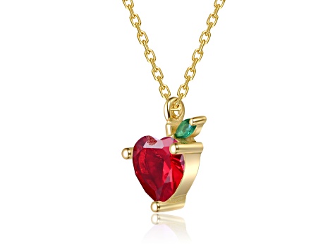 Red Cubic Zirconia, 14K Gold Plated over Sterling Silver with Heart & Leaf Pendant Necklace