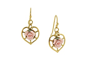 1928 Jewelry Gold Tone Heart Porcelain Rose Earrings