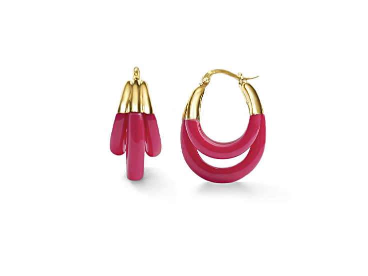 14K Gold Over Brass Pink Flamingo Triple Hoop Lucite Earrings