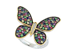 EFFY Sterling Silver/14K Yellow Gold Accents Multi-Sapphire, Tsavorite and Diamond Butterfly Ring