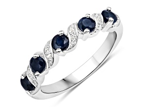 Blue Sapphire and White Topaz Five Stone Sterling Silver Band Ring