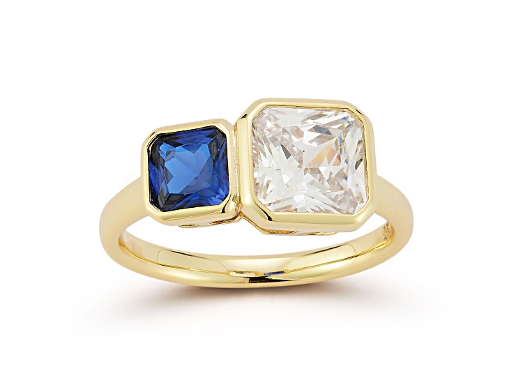 Rachel Zoe 14K Yellow Gold Over Sterling Silver Blue and White Cubic Zirconia 2-Stone Ring