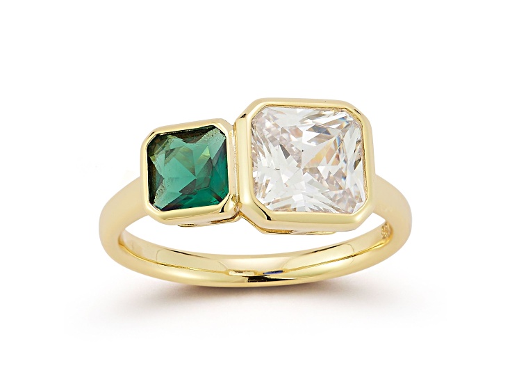 Rachel Zoe 14K Yellow Gold Over Sterling Silver Green and White Cubic Zirconia 2-Stone Ring