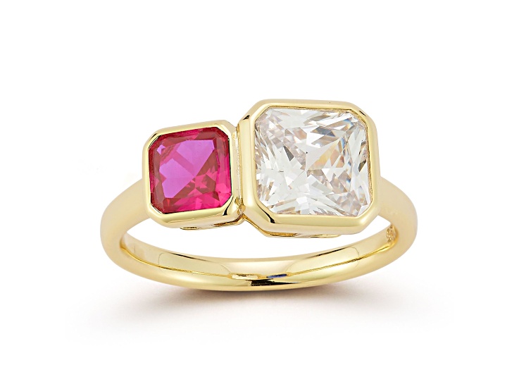 Rachel Zoe 14K Yellow Gold Over Sterling Silver Pink and White Cubic Zirconia 2-Stone Ring