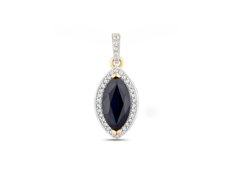 Blue Sapphire and White Diamond Marquise Shaped 10K Yellow Gold Halo Pendant