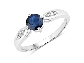 Round Blue Sapphire and White Diamond 10K White Gold Ring 0.89ctw