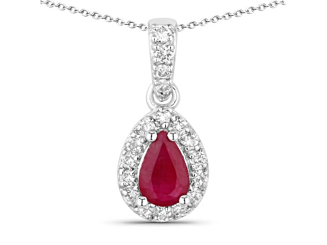 Ruby and Lab Grown Diamond Rhodium Over Silver Teardrop Pendant with Chain 0.59ctw