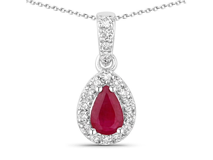 Ruby and Lab Grown Diamond Rhodium Over Silver Teardrop Pendant with Chain 0.59ctw