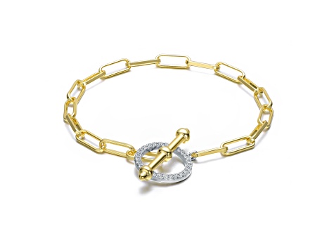 Clear Cubic Zirconia , Two-Tone over Brass Toggle Clasp Link Bracelet