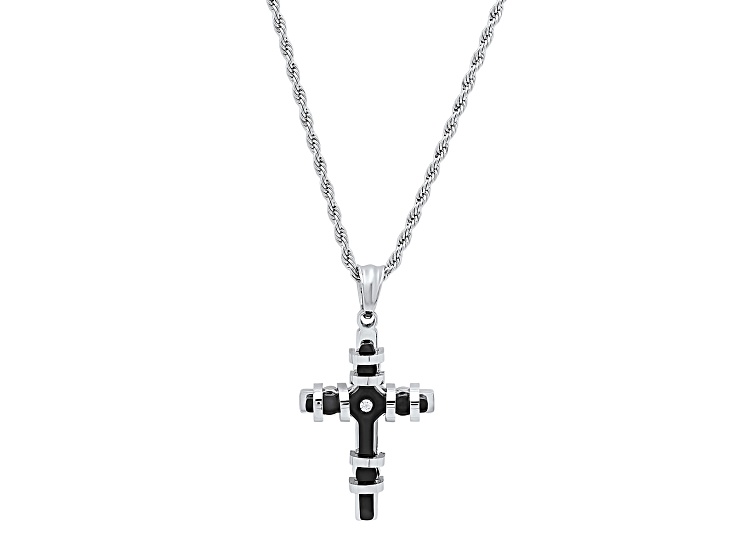 Black Ion-Plated Two-tone Stainless Steel Cubic Zirconia Cross Pendant With Chain