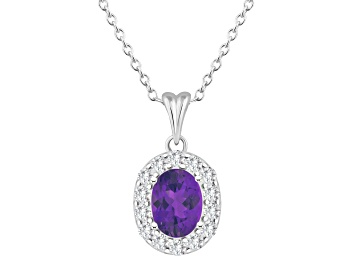 Picture of 8x6mm Oval Amethyst and White Topaz Accent Rhodium Over Sterling Silver Halo Pendant w/Chain