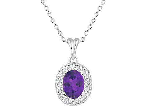 8x6mm Oval Amethyst and White Topaz Accent Rhodium Over Sterling Silver Halo Pendant w/Chain