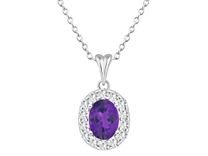 8x6mm Oval Amethyst and White Topaz Accent Rhodium Over Sterling Silver Halo Pendant w/Chain