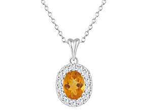 8x6mm Oval Citrine and White Topaz Accent Rhodium Over Sterling Silver Halo Pendant w/Chain