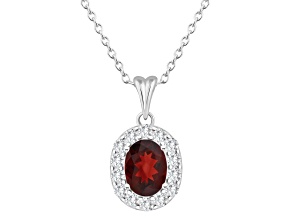 8x6mm Oval Garnet and White Topaz Accent Rhodium Over Sterling Silver Halo Pendant w/Chain