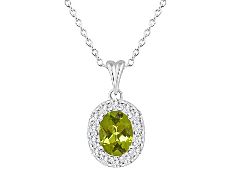 8x6mm Oval Peridot and White Topaz Accent Rhodium Over Sterling Silver Halo Pendant w/Chain