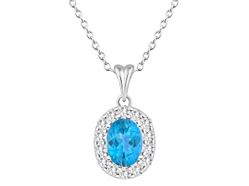 Picture of 8x6mm Oval Swiss Blue Topaz and White Topaz Accent Rhodium Over Sterling Silver Halo Pendant w/Chain