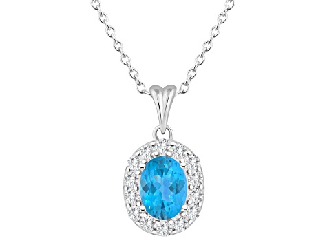 8x6mm Oval Swiss Blue Topaz and White Topaz Accent Rhodium Over Sterling Silver Halo Pendant w/Chain