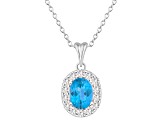 8x6mm Oval Swiss Blue Topaz and White Topaz Accent Rhodium Over Sterling Silver Halo Pendant w/Chain