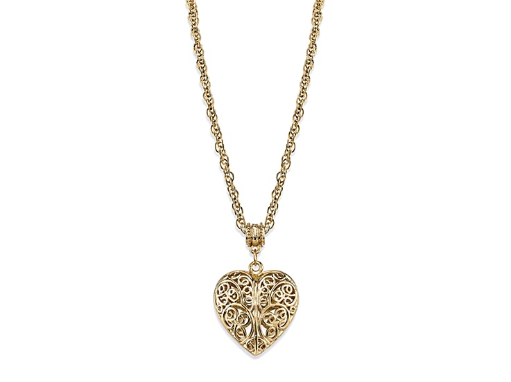 1928 Jewelry Gold Tone Brass Filigree Heart Crystal Accent Pendant With Chain 18 Inch