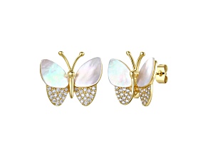 Mother of Pearl & Cubic Zirconia, 14K Gold Plated over Brass Butterfly Stud Earrings