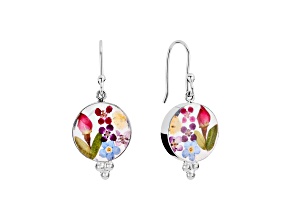 Genuine Multi-Color Pressed Flower Rhodium Over Sterling Silver Earrings