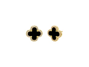 14K Yellow Gold Over Brass Onyx and White Cubic Zirconia Pave Four Leaf Clover Studs 1.6ctw