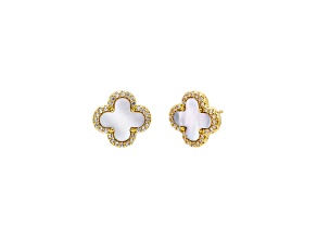 14K Yellow Gold Over Brass Mother-of-Pearl and Cubic Zirconia Four Leaf Clover Studs 1.6ctw
