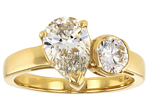 Certified Pear And Round White Lab-Grown Diamond F VS1 14K Yellow Gold 2 Stone Ring 2.00ctw