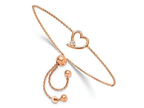 14K Rose Gold Over Sterling Silver Open Heart with Cubic Zirconia Adjustable Bracelet