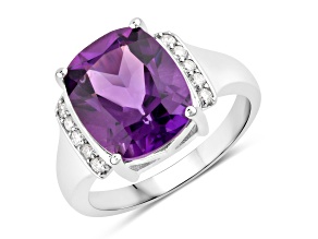 Purple Cushion Amethyst and Lab Grown Diamond Rhodium Over Silver Cocktail Ring 4.34ctw