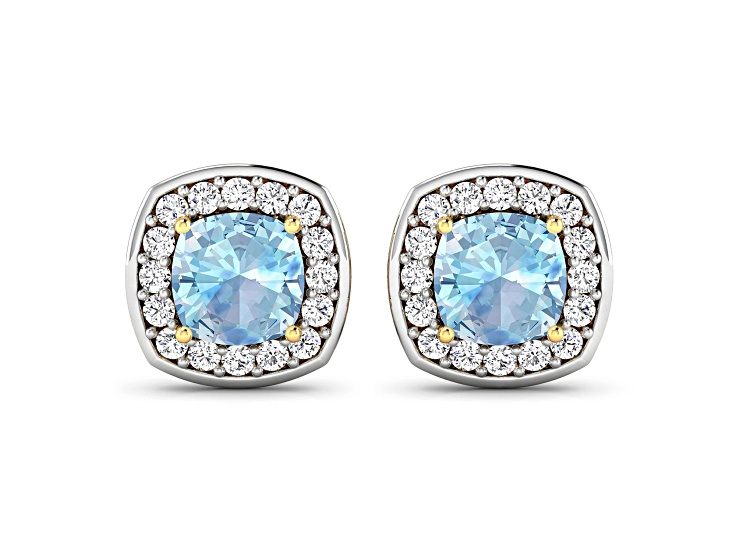 1.50ctw 14K Yellow Gold Cushion Aquamarine and White Diamond Halo Earrings