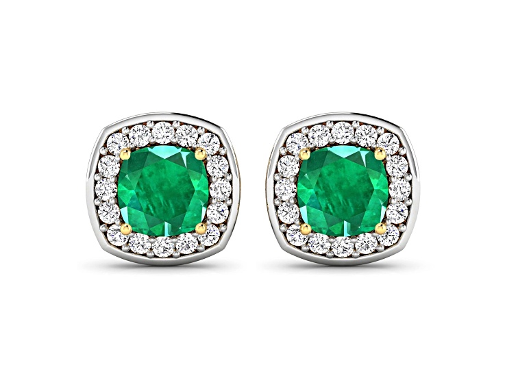 1.92ctw 14K Yellow Gold Zambian Green Emerald and White Diamond Halo Earrings