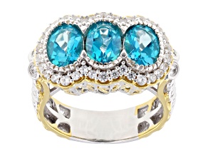 Blue Paraiba Color Topaz Rhodium & 24K Yellow Gold Over Palladium Sterling Silver Ring 3.04ct