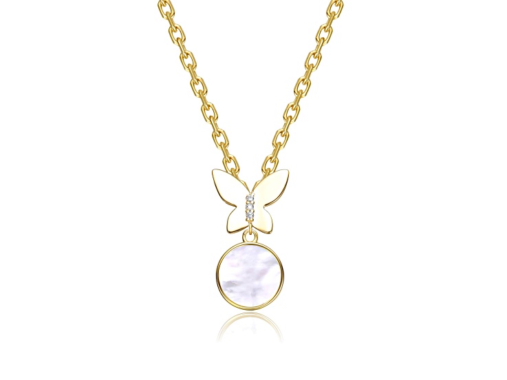 White Mother of Pearl, 14K Gold Plated over Brass Butterfly Pendant Necklace for Kids