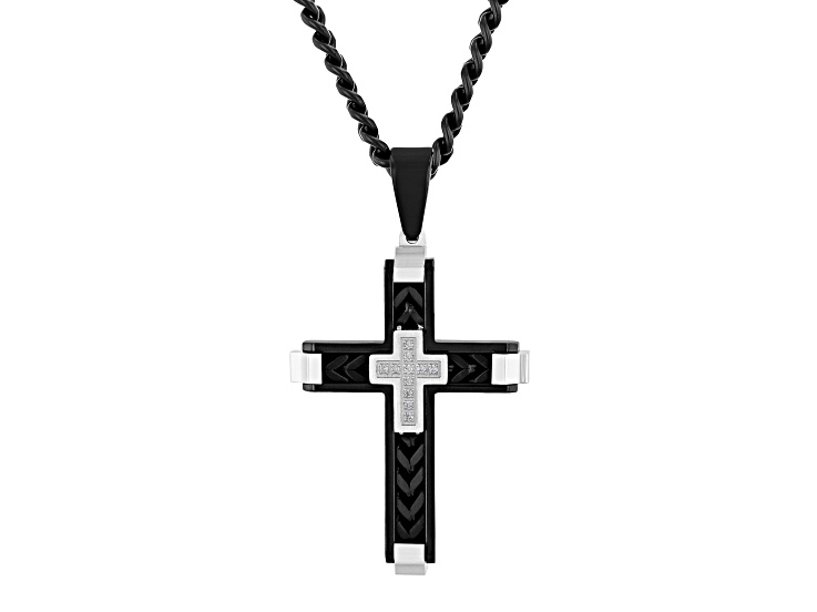 Black Ion-Plated Stainless Steel and Diamond Accent Cross Pendant With Chain 0.07ctw