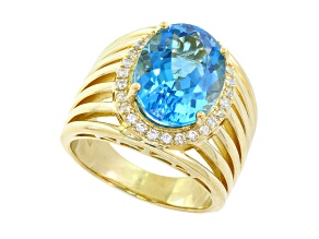 EFFY 14K Yellow Gold Over Sterling Silver Blue Topaz and White Zircon Halo Ring 7.53ctw