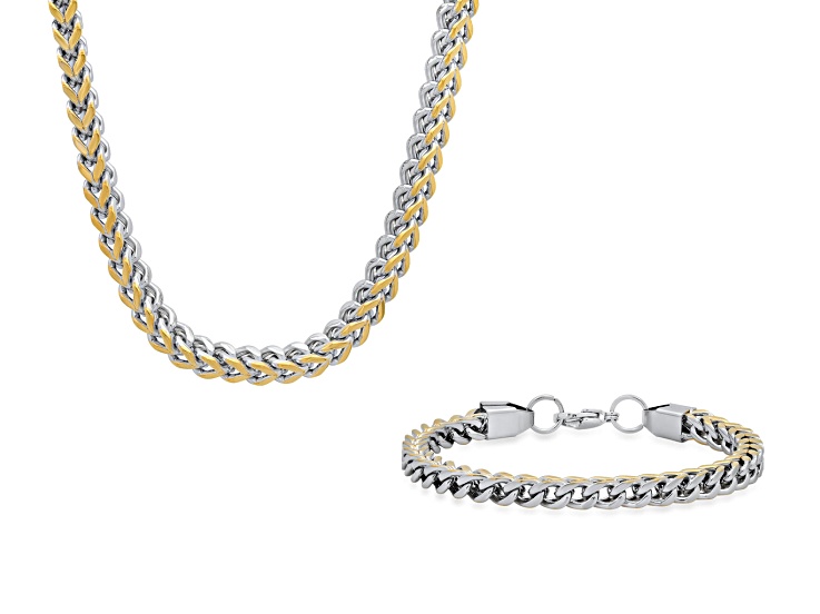 Men's 18K Two-tone Gold Over Stainless Steel Wheat Link Bracelet and Chain Set