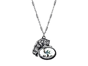 1928 Jewelry Silver Tone Brass Cat w/Blue Enamel Fish in Fishbowl Pendant With Chain 30 Inch
