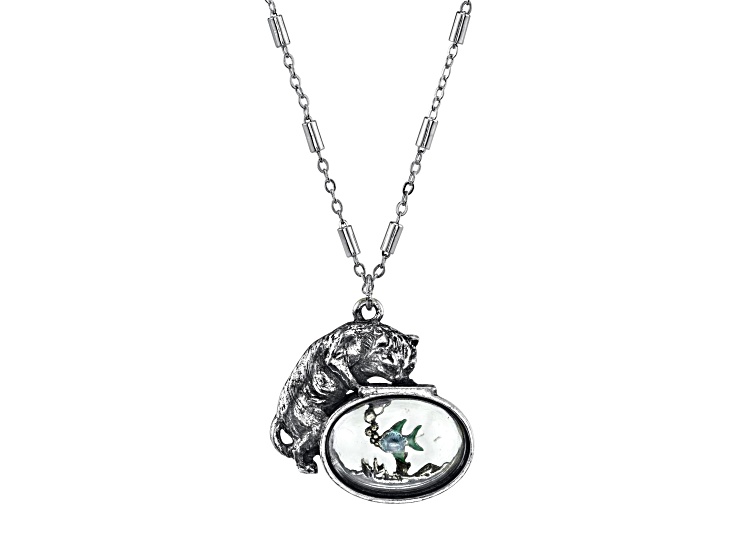 1928 Jewelry Silver Tone Brass Cat w/Blue Enamel Fish in Fishbowl Pendant With Chain 30 Inch