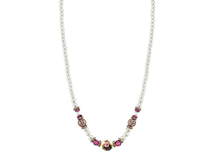 1928 Jewelry Rose Tone Base Metal Simulated Pearl Purple Crystal Flower Beaded Necklace 15" Adj.