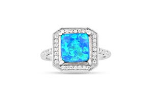 Lab Created Blue Opal and Moissanite Rhodium Over Sterling Silver Halo Ring