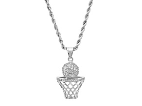 Men's Stainless Steel Cubic Zirconia Basketball and Hoop Pendant With Chain