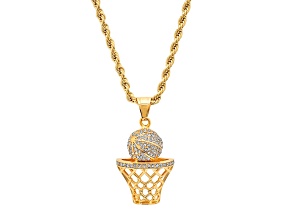 Men's 18K Gold Over Stainless Steel Cubic Zirconia Basketball and Hoop Pendant With Chain