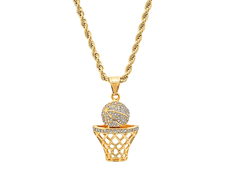 Men's 18K Gold Over Stainless Steel Cubic Zirconia Basketball and Hoop Pendant With Chain