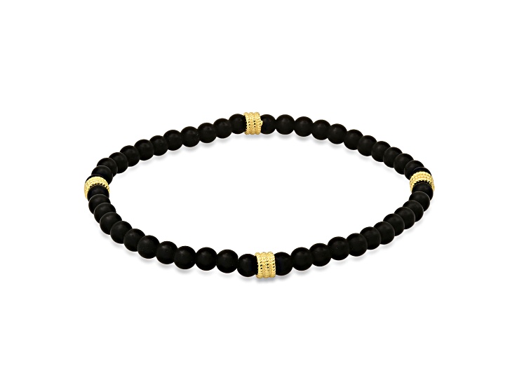 Men's Black Lava Rock and 14K Yellow Gold Over Sterling Silver Beaded Stretch Bracelet