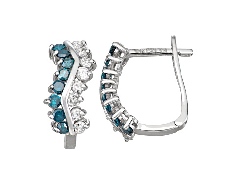 Blue and White Diamond 10K White Gold Huggie Earrings 0.64ctw