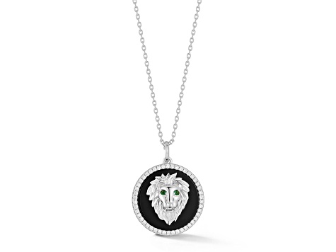 Rachel Zoe Rhodium Over Sterling Silver Black Agate CZ 3D Lion Head Medallion Necklace