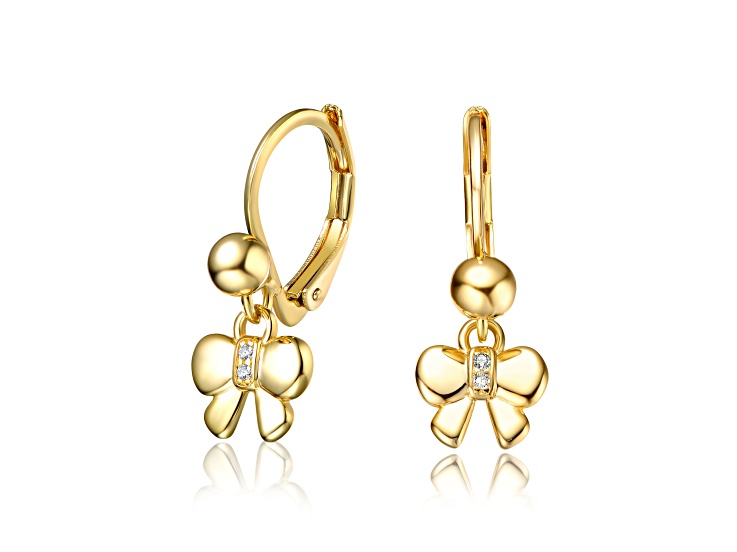 Clear Cubic Zirconia, 14K Gold Plated over Brass with Bow Dangling earrings For Kids