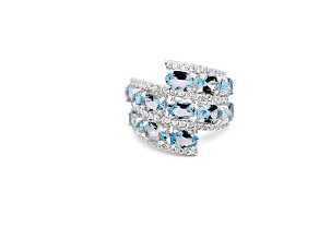 6x4mm Oval Aquamarine and White CZ Rhodium Over Sterling Silver Ring, 4.08ctw